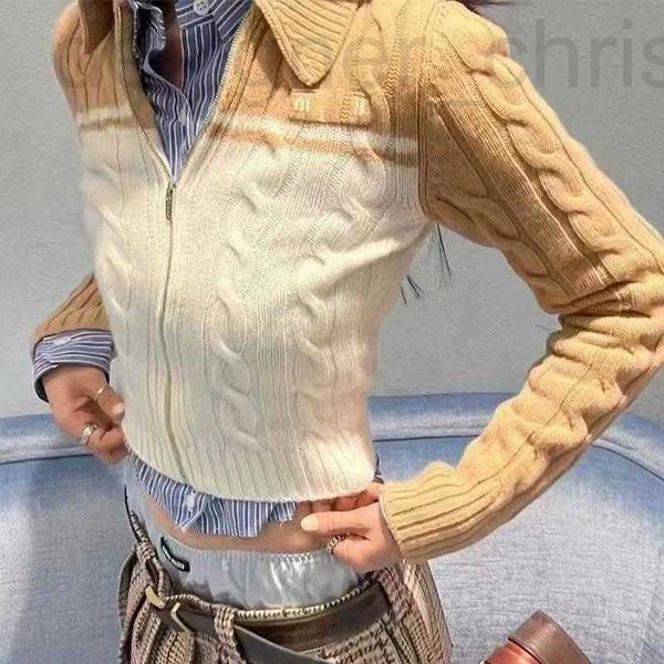 Jaquetas femininas designer de luxo Miu início do outono polo colarinho contraste em torno do pescoço cashmere cardigan de malha 24 jaqueta com zíper de cintura aberta (início do outono) SI7W
