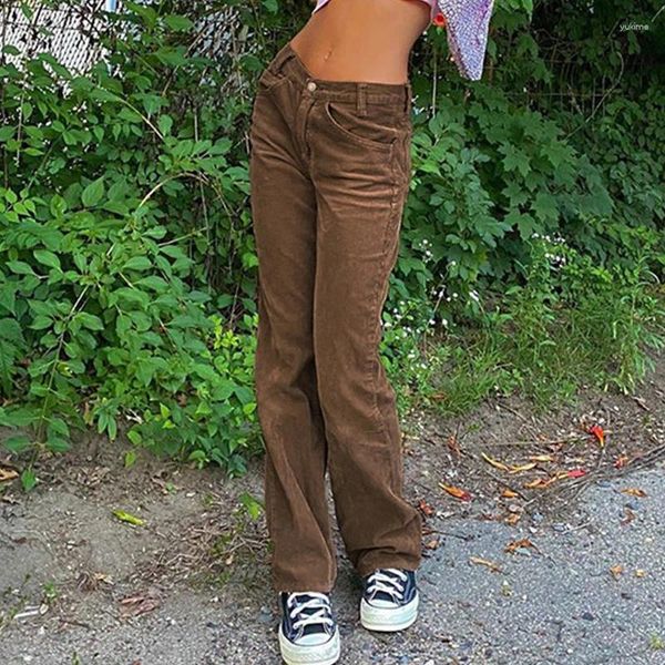 Женские брюки, осенние повседневные вельветовые длинные брюки, женские узкие капри с высокой талией, модные спортивные штаны с карманами Y2K на молнии 90-х годов