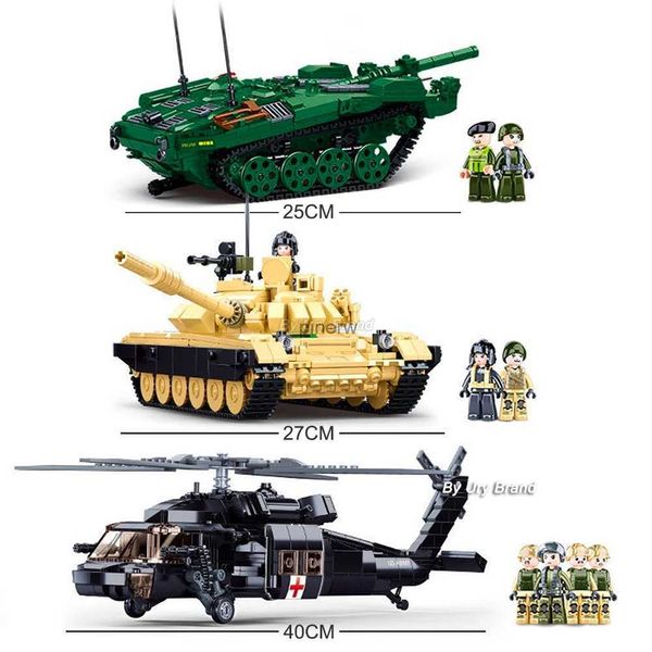 Blocchi WW2 Esercito Militare Elicottero 2in1 T-72B3 STRV-103 Carro Armato di Battaglia Principale Set di Veicoli Soldati Building Blocks Giocattoli per I Ragazzi Regalo