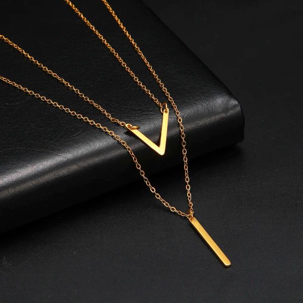 14-каратное желтое золото, V-образное ожерелье с подвеской в форме палочки для женщин, изысканное первое имя, длинная цепочка, 2024, вечерние ювелирные изделия, подарок