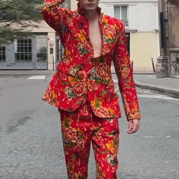 Erkekler Suits Erkek Palto Pantolon Takım Çin Kuzeydoğu Tarzı Lüks Çiçek Baskı Cepleri Yakel HARDIGAN UNISEX Resmi Ceket Pantolon Set