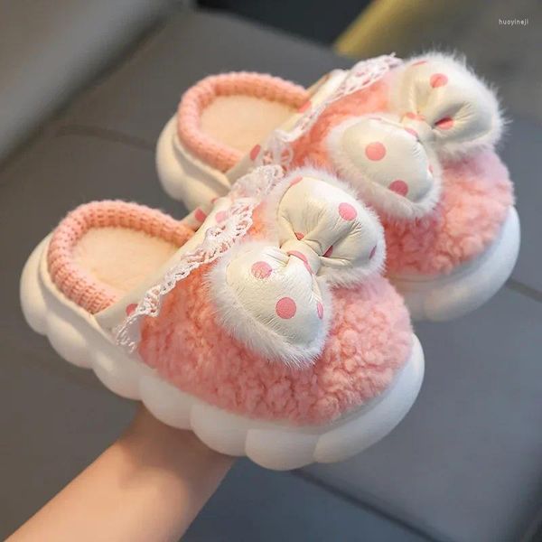 Chinelo inverno crianças chinelos de algodão polka dot arco menina princesa quente pelúcia warp saltos casa sapatos bebê