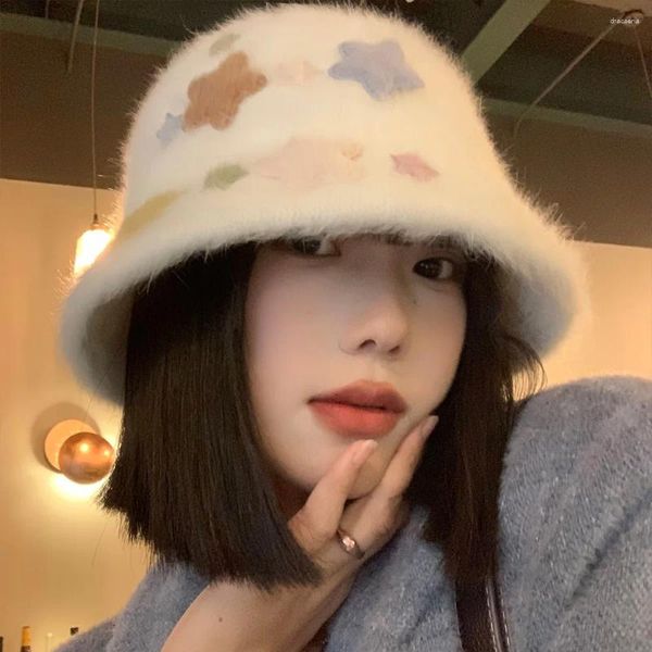 Berretti XINGX-Cappello da pescatore in peluche bianco coreano per donna Bacino caldo Rendi il tuo viso più piccolo Paraorecchie carino e