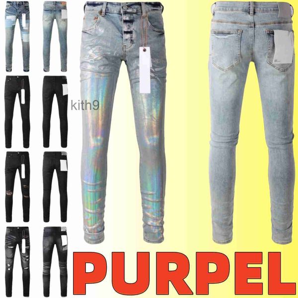 jeans viola firmati uomo uomo ginocchio skinny dritto taglia 28-40 moto trendy buco lungo High Street denim all'ingrosso 2 pezzi sconto del 10% JQ0N