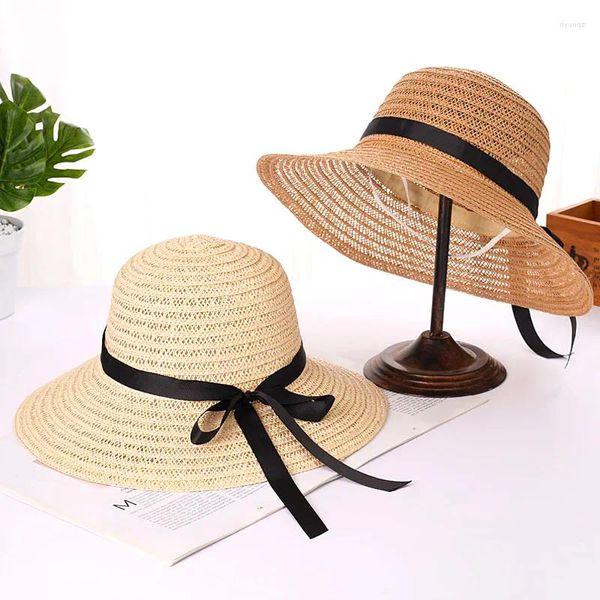 Sombreros de ala ancha Mujeres Sombrero de paja Bowknot Floppy Panamá Caps Mujer Dama Al aire libre Playa plegable Protección UV Sun Cap