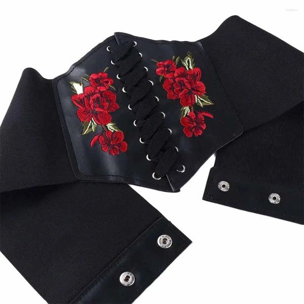 Cintos Goth Ajustável Bordado PU Vestido De Couro Ornamento Rosa Padrão Cintura Mulheres Cinto Feminino Cummerbunds Cintura Espartilho