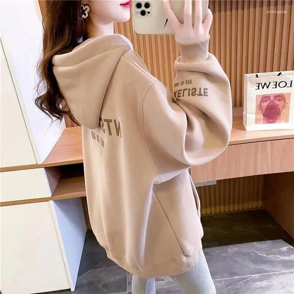 Hoodies femininos de comprimento médio com capuz moletom 2024 primavera outono solto streetwear coreano suor-camisa manga longa topo roupas tamanho grande