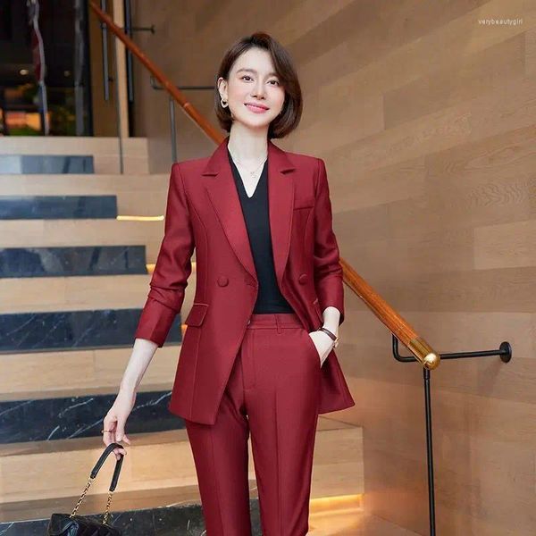 Frauen Zweiteilige Hosen Büro Dame Koreanische Mode Set Frauen Outfit Frühling Elegante Lose Solide Ungefüttert Blazer Und Breite bein Hosen Anzüge W63