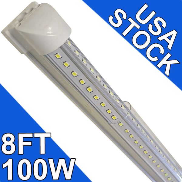 Lampada da negozio a LED da 8 piedi, 100 W 14400LM 6500 K, luci a tubo a LED collegabili con copertura trasparente, illuminazione a LED T8 integrata a forma di V, plafoniere a LED per officine in garage usastock