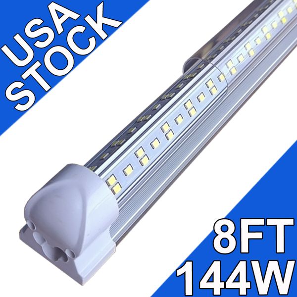 Lampada da negozio a LED da 8 piedi, 144 W 14400LM 6500 K, luci a tubo a LED collegabili con copertura trasparente, illuminazione a LED T8 integrata a forma di V, plafoniere a LED per officina garage usastock