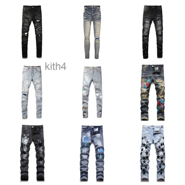 Roxo Designer Mens Jeans High Street Mens Bordados Calças Mulheres Oversize Rasgado Remendo Buraco Denim Reta Moda Marca Streetwear Slim 6Q52