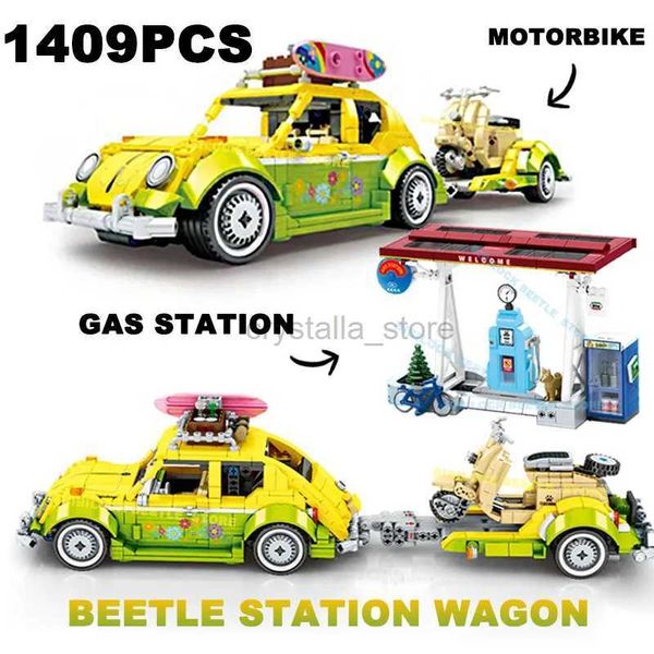 Blocos 1409pcs Técnico Beetle Wagon Building Blocks Turista Piquenique Carros Trailer Trator RV Conjunto Veículo Modelo Tijolos Brinquedos para Presente Kid 240120