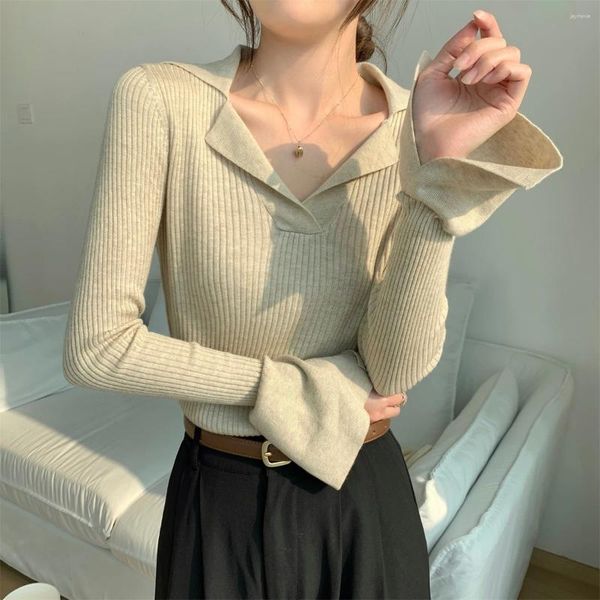 Suéter feminino polo velo curto pulôveres de malha feminino outono inverno coreano mangas compridas slim suéter de manga comprida tops 4 cores