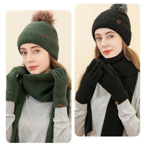 Roupas de ginástica 3 pc chapéu de malha cachecol luva conjuntos para mulheres inverno quente lã torção boné gorros bonnet sólido headband malha presente de ano