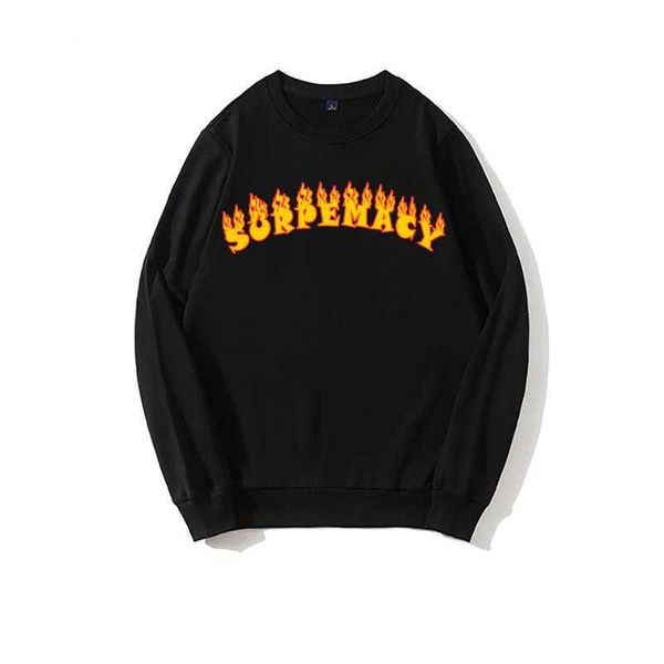 Surpemacy Herren-T-Shirt, Damen-Sweatshirt, Oberteil, Herbst, amerikanische Mode, Flammenpaar, wild, langärmelig, übergroß, Rundhalsausschnitt, Buchstaben in Flammen, Aufdruck, Thrash-Gothic-T-Shirt