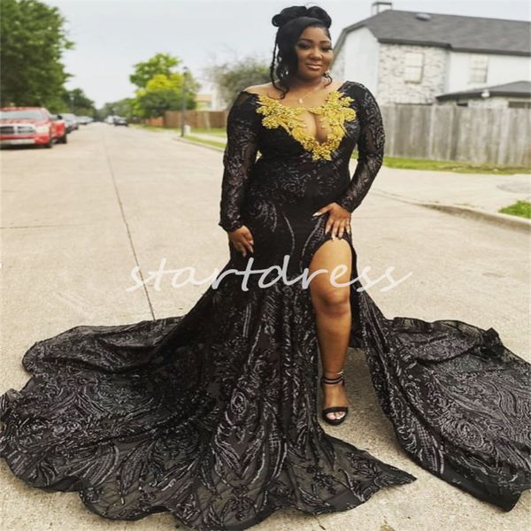 Plus size lantejoulas vestidos de baile para meninas negras brilhante manga longa sereia vestido de noite preto com fenda ouro frisado formal vestidos de festa de dança africano vestidos de fiesta