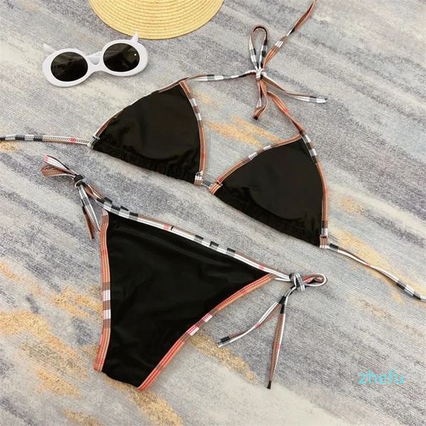 Sexy e elegante biquíni cor sólida maiô verão feminino suspender topo de duas peças gravata triângulo biquíni maiô praia terno