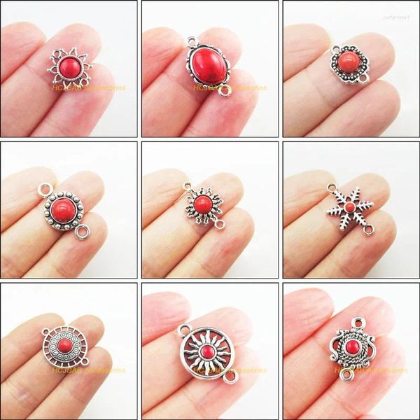 Charms Retro-Sonnenblumen-Stern, rund, antik versilbert, rot-türkisfarbene Verbinder für Geschenke und Schmuck