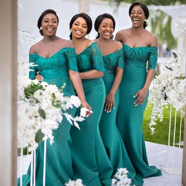 Охотничье зеленое платье подружки невесты с открытыми плечами, кружевное длинное платье подружки невесты для африканских арабских черных женщин, свадебная одежда для гостей на свадьбе NR001
