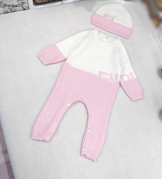 Macacões infantis de luxo e chapéu adorável rosa meninos meninas bodysuit tamanho 66-90 design de emenda bebê recém-nascido malha rastejando terno jan20