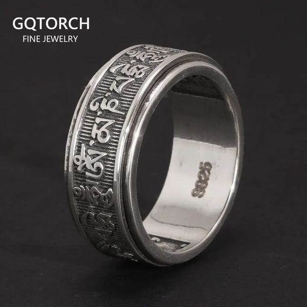 Real 925 prata esterlina vintage anéis para homens rotativo tibetano seis palavras mantra anéis om mani padme hum jóias budistas 240119