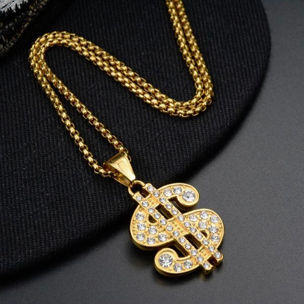 Hip Hop Iced Out Dollar Zeichen Geld Anhänger Halskette für Frauen Männer 14 k Gelb Gold Ketten Hiphop Amerikanischen Schmuck