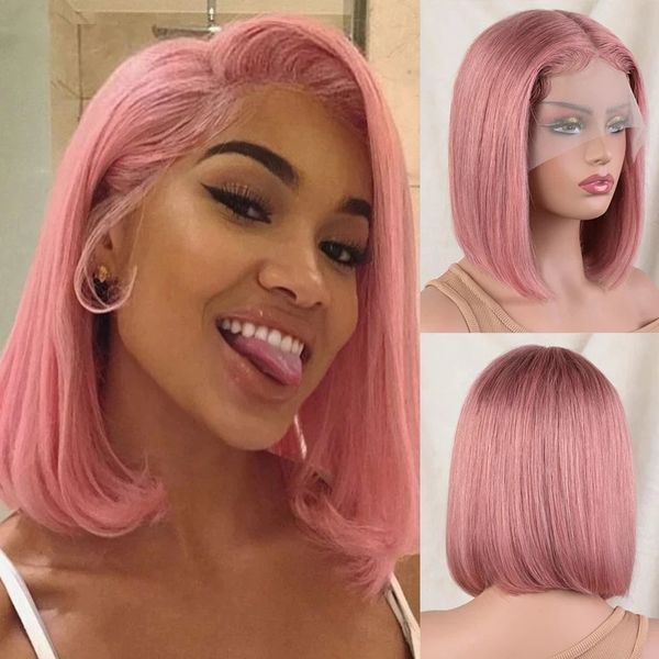 Corte curto colorido rosa bob perucas de renda loira perucas de cabelo humano 180d transparente ombre brasileiro laranja em linha reta perucas dianteiras do laço