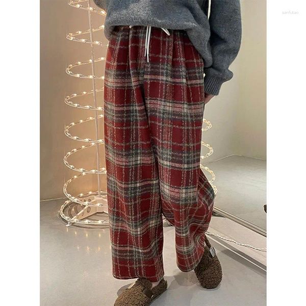 Pantaloni da donna in lana scozzese spazzolata per l'autunno e l'inverno, spessi e caldi, in peluche casual