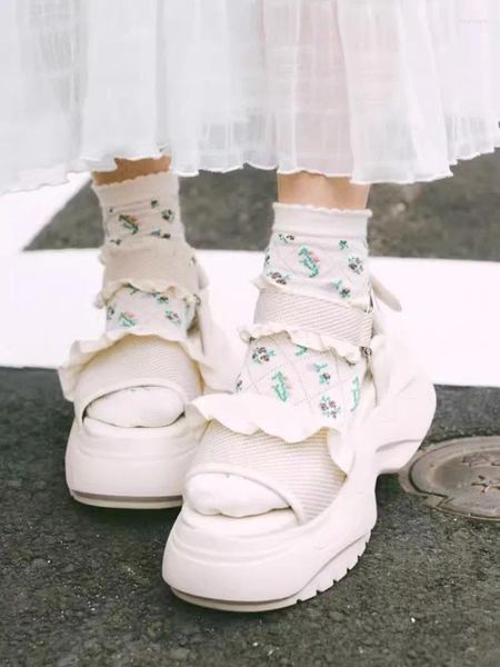 Sandálias Japão Preppy Lolita Estilo Lace Mulheres Sapatos Plataforma Fada Fita Mágica Zapatos Mujer 2024 Verão Chaussure Femme