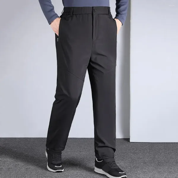 Ternos masculinos elegantes calças casuais calças de terno reto com forro de pelúcia cintura elástica estilo de negócios sólido para escritório