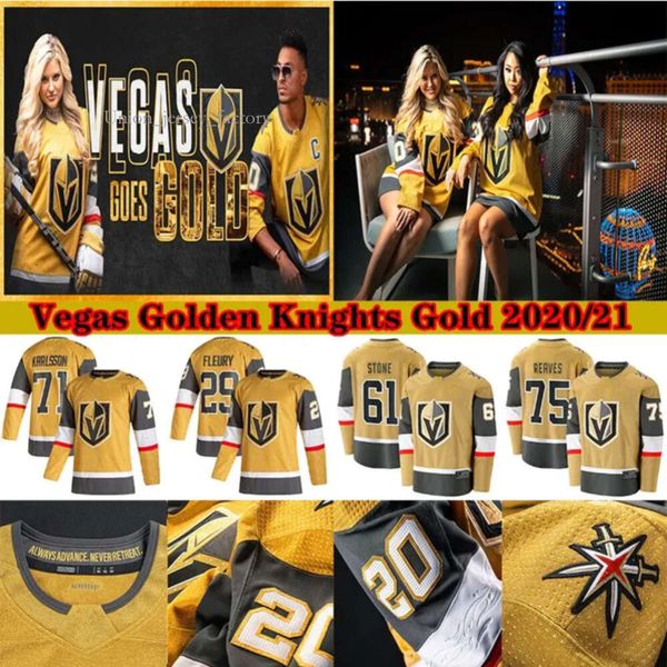 Vegas Golden Knights 2020-2021 Gold Third Jersey 29 Marc-andre Fleury 61 Mark Stone 71 William Sson 67 Max Pacioretty Hóquei Jerseys 9541