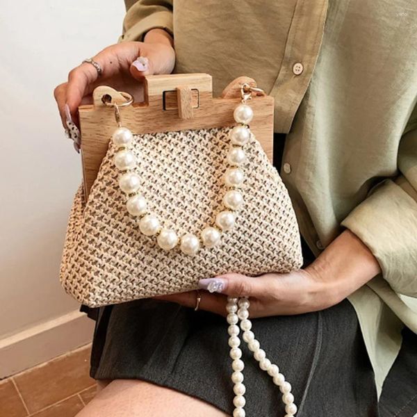 Borse da sera Borsa a tracolla in paglia intrecciata alla moda per donna 2024 Borsa estiva con clip a manico superiore in legno Borsa femminile di tendenza