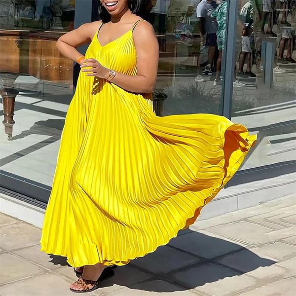 Roupas étnicas Plus Size Vestidos Africanos para Mulheres Verão Férias Vestido Plissado Sundress Strap Vestido África Sem Mangas Swing Robe