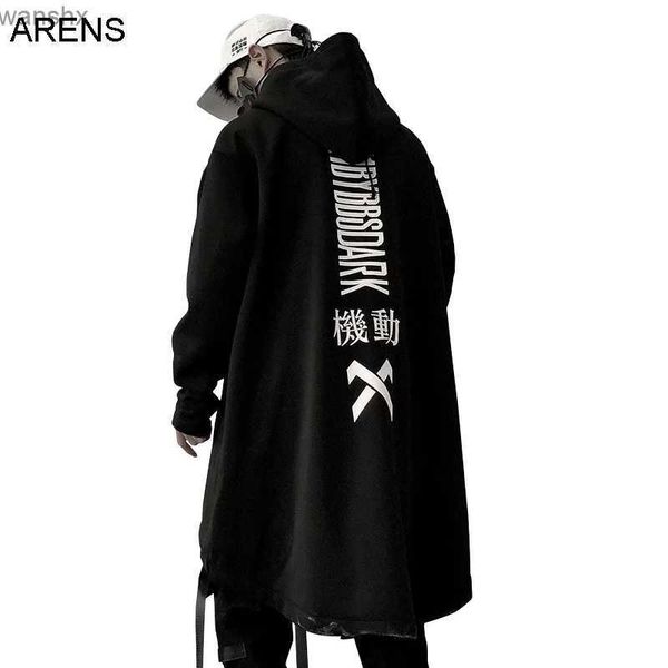 Herren Hoodies Sweatshirts ARENS Brief Gestickter Hip Hop Mantel Lange Jacke Männer Casual Streetwear Harajuku Taschen Rollkragen Trenchcoats Männlich S04