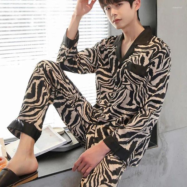 Pijamas masculinos padrão zebra pijamas loungewear 2024 primavera outono nightwear manga comprida lapela casual moda casa roupas