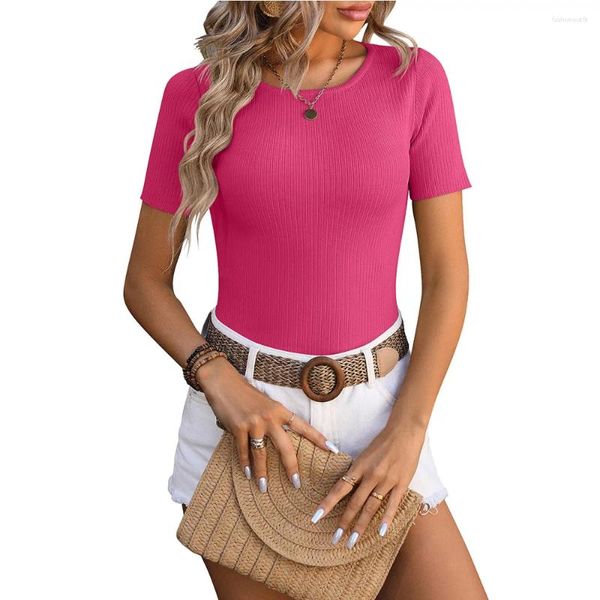 Mulheres Camisetas 2024 Primavera Verão Ice Silk Malha Tops Mulheres Casual O-pescoço Manga Curta Slim Camisetas Senhoras Moda Elegante Bainha Tees