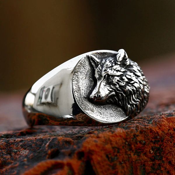 Nuovo arrivo Arrivo 14k Oro bianco Viking Wolf Head Ring per uomini Domande Speciale Design Vintage Animal Ring Fashion Gioielli Regali di gioielli creativi