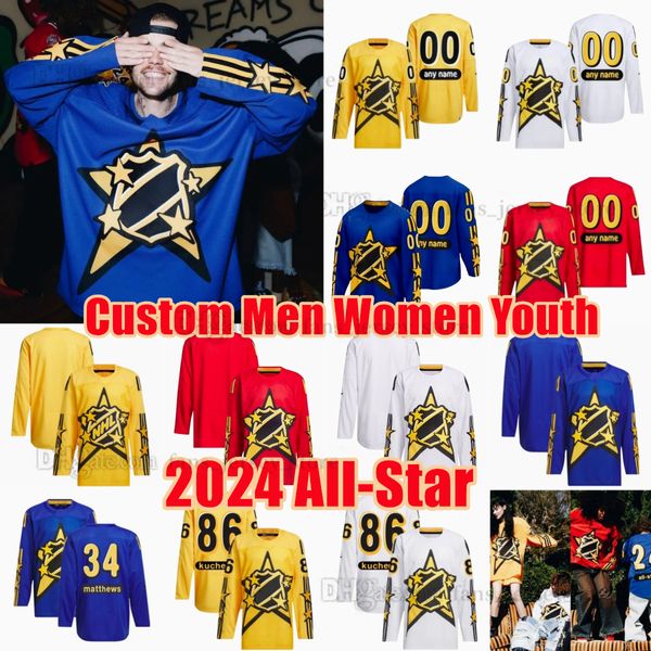 Maglia personalizzata 2024 All-Star Hockey 98 Connor Bedard Matthews Stitch Clayton Keller David Pastrnak Jeremy Swayman Rasmus Dahlin Elias Lindholm Sebastian Aho