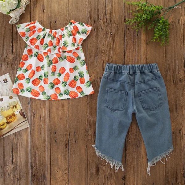 Set di abbigliamento Bambino Bambini Neonate Abiti Vestiti Camicia con stampa ananas Set di jeans con foro superiore Abito da ragazza Menta