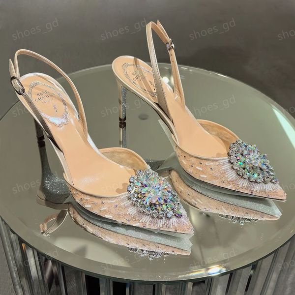 Rene Caovilla Flor de Cristal 75mm Malha Tecelagem Slingback Sapatos Stiletto Saltos Mulheres de Salto Alto Designers de Luxo Slip-On Sapatos de Noite Calçados de Fábrica 35-43