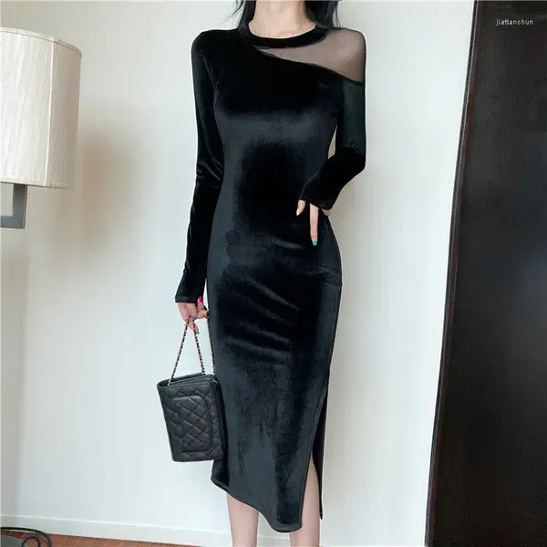 Vestidos casuais mulheres sexy retalhos malha divisão veludo preto saia feminina outono e inverno vestido vestido de mujer femme robe