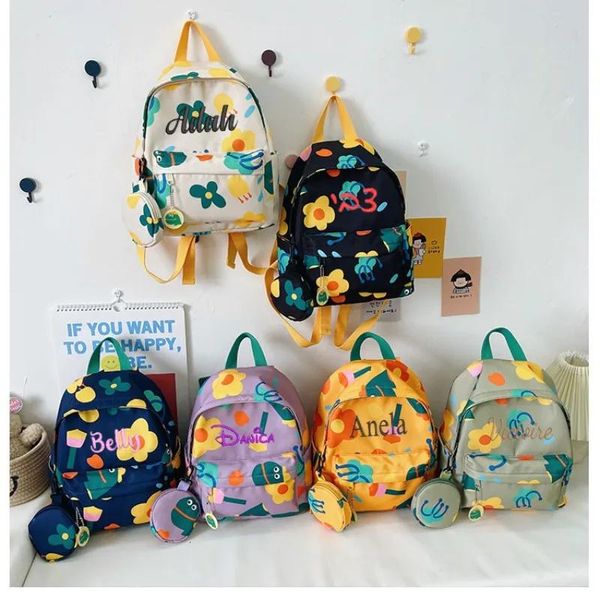 Сумки Детская школьная сумка с индивидуальной вышивкой, модный рюкзак с цветочным рисунком, детский рюкзак с мультяшным рисунком и футляром для монет