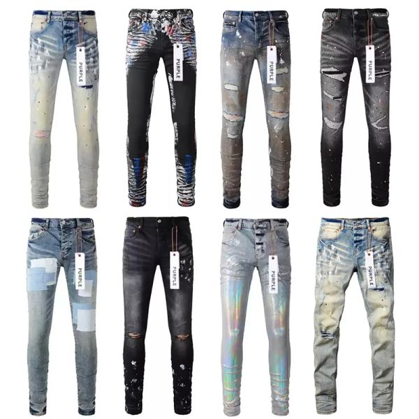 Designer-Jeans, lila Jeans für Herren, Skinny-Motorrad, trendiges, zerrissenes Patchwork-Loch, das ganze Jahr über, schmale Beine, Großhandel, lila Markenjeans 930555546