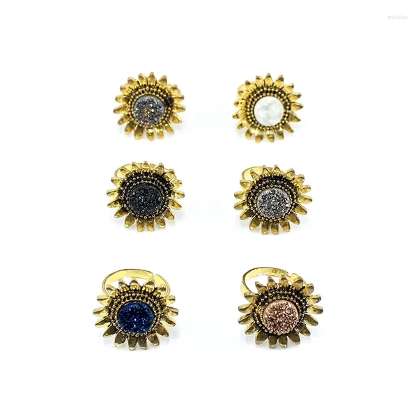 Cluster Ringe Naturstein Druzy Kristall Gold Farbe Legierung Sonnenblume Verstellbarer Ring für Frauen Mädchen Trendy Hochzeitsgeschenk Schmuck