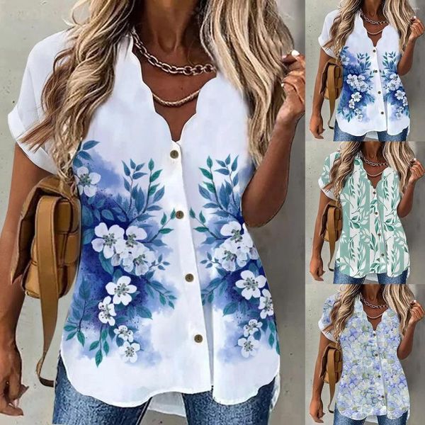 Blusas femininas verão manga curta ondulado decote em v estampa floral topos para mulheres elegantes casuais senhoras camisetas blusas férias