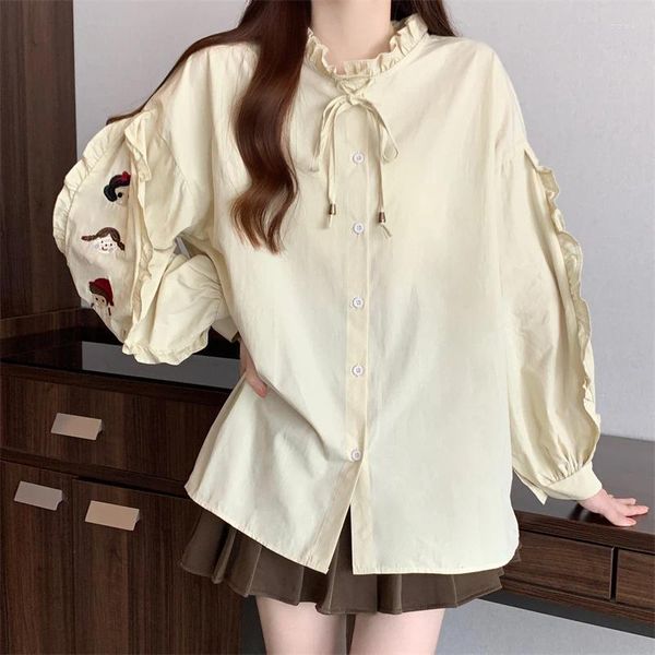 Blusas femininas moda doce feminino topo o pescoço babados dos desenhos animados bordado primavera outono camisas estilo preppy todos os jogos 2024 roupas