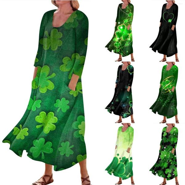 Freizeitkleider Damen Bequemes St. Patrick's Day-Druck Dreiviertelärmel Baumwolltaschenkleid Elegant Vielseitig Ropa Mujer