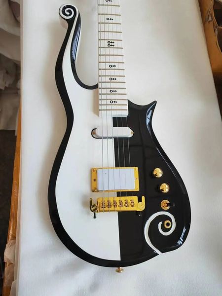 Chitarra elettrica Prince Loud bianca nera corpo in ontano manico in mogano simbolo intarsio in acciaio inossidabile 22 tasti hardware dorato