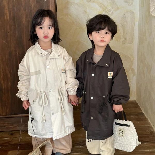 Куртки 2024, весенне-осенняя детская одежда в стиле ретро для мальчиков, однотонная ветровка с длинными рукавами для девочек, модное хлопковое пальто для малышей, детская свободная куртка, одежда для малышей