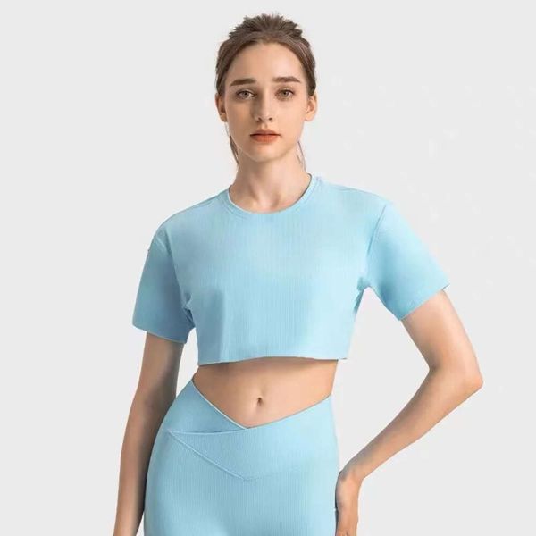 Lu Align Lemon Yoga Camisetas com nervuras femininas esportivas de tecido para corrida ao ar livre Camisetas Roupas esportivas para academia Roupas de manga curta Top Roupas femininas LL Lu Jogger